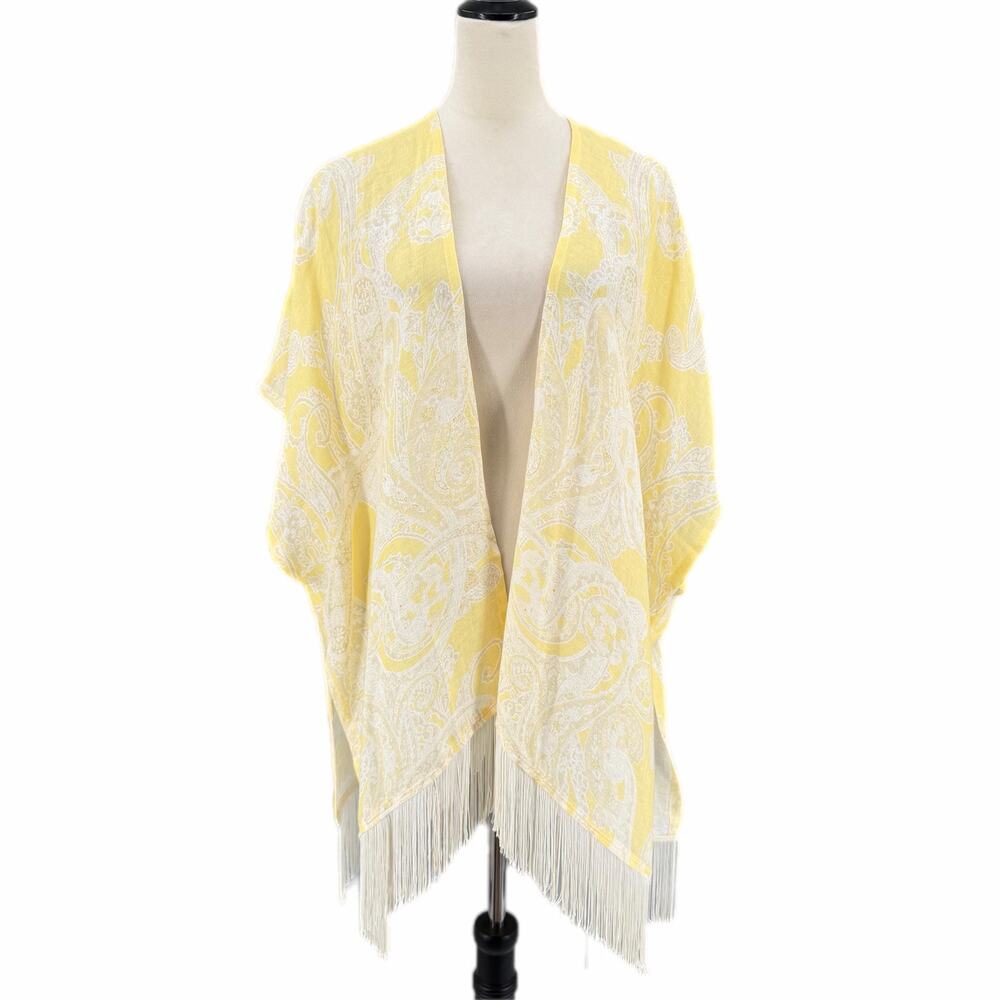 Chico’s S/M Yellow White Paisley 100% Linen Fringe Coastal Beachy Open Kimono